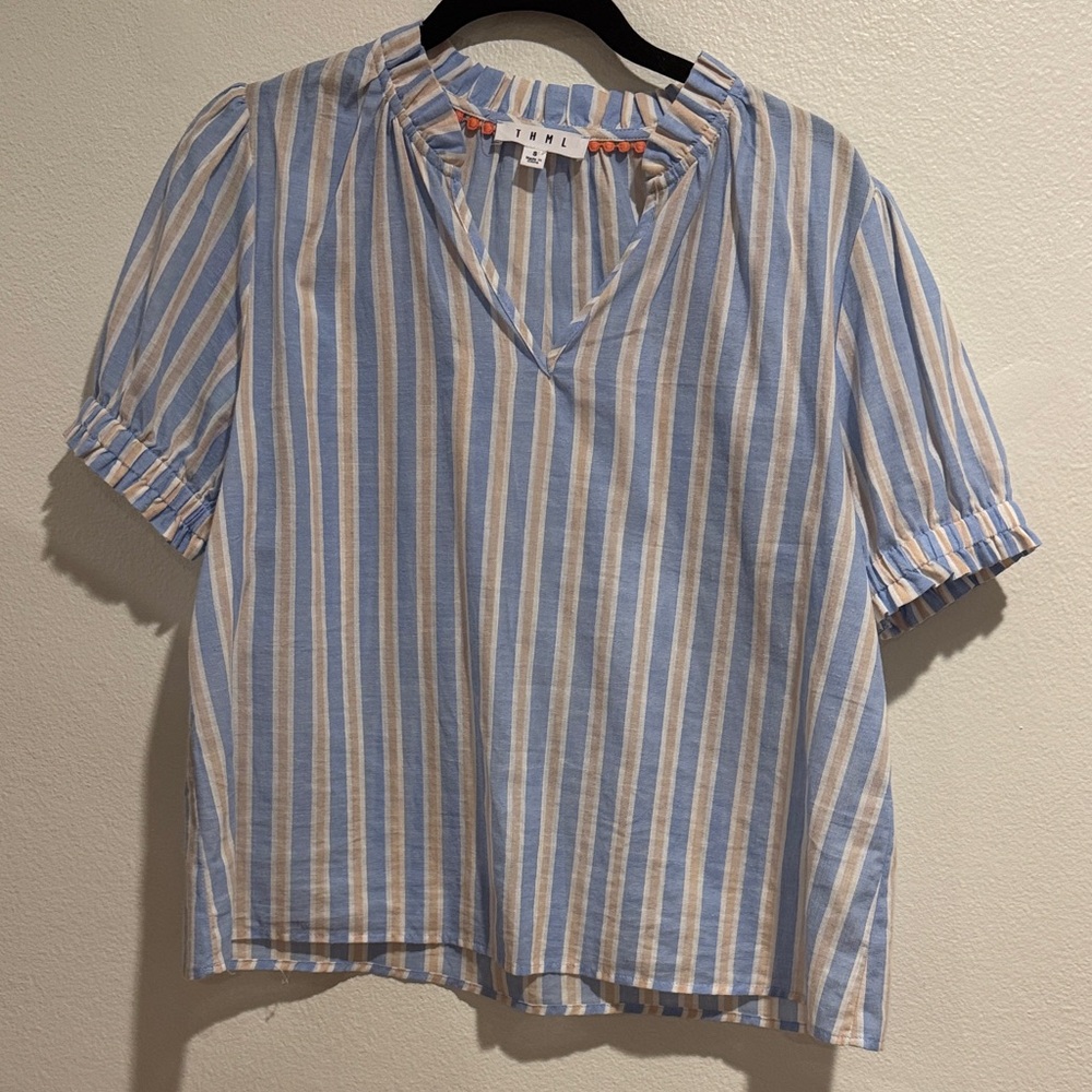 THML Light Blue and Beige Striped V-Neck Top